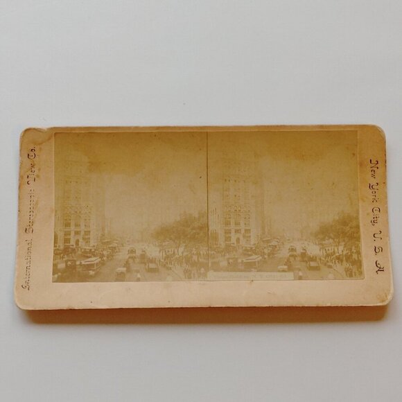ANTIQUE Stereograph Card New York Times Building in Traffic International - Picture 1 of 5